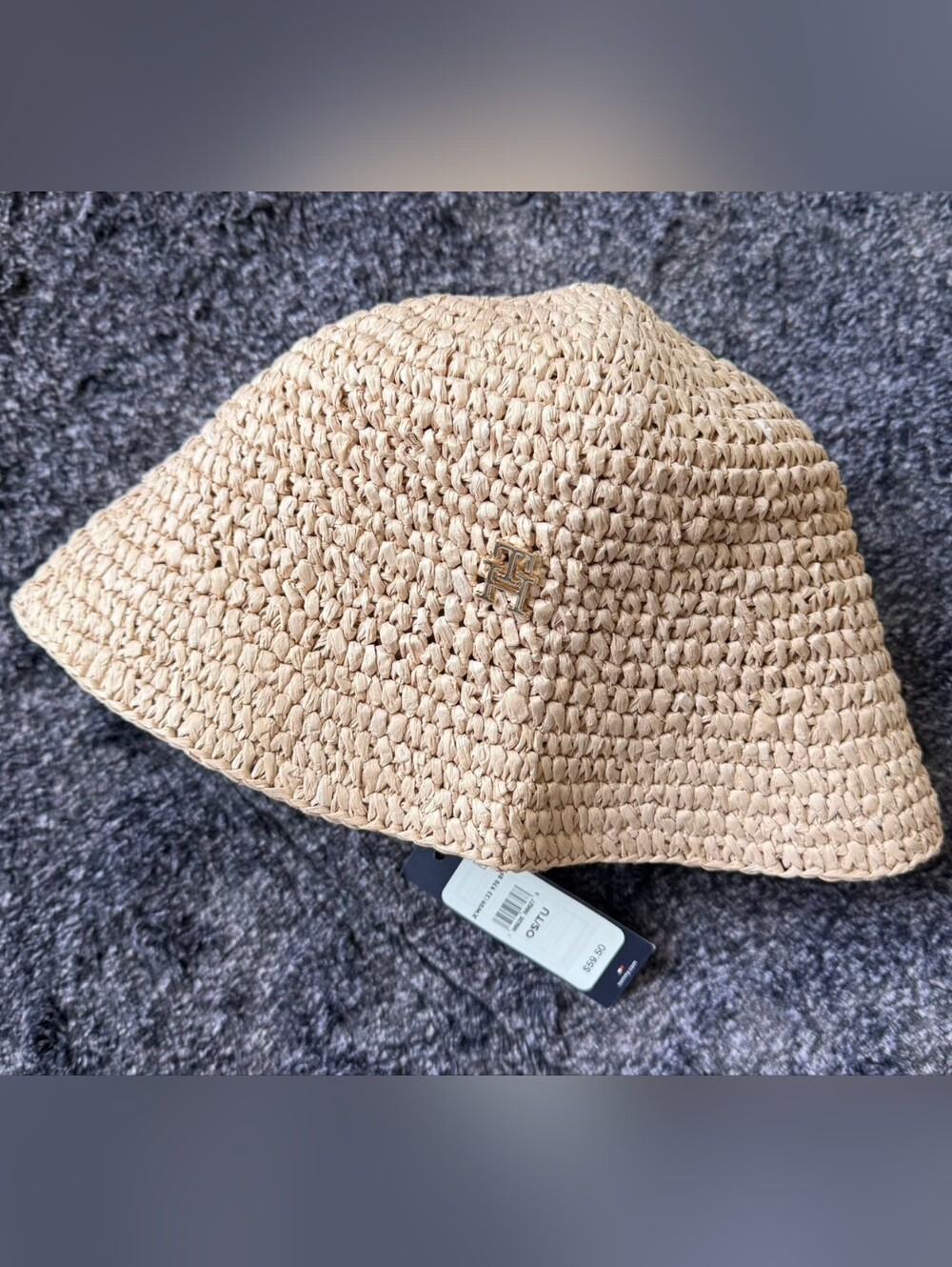 Tommy Hilfiger Natural Straw Bucket Hat with Gold Logo